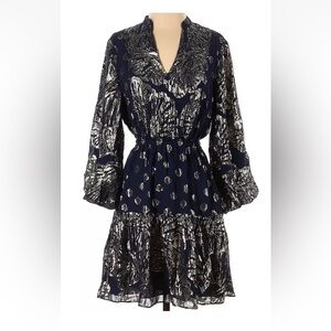 LILLY PULITZER SIZE 00 JOELLA SILK DRESS *SEAGRASS METALLIC CLIP* TRUE NAVY